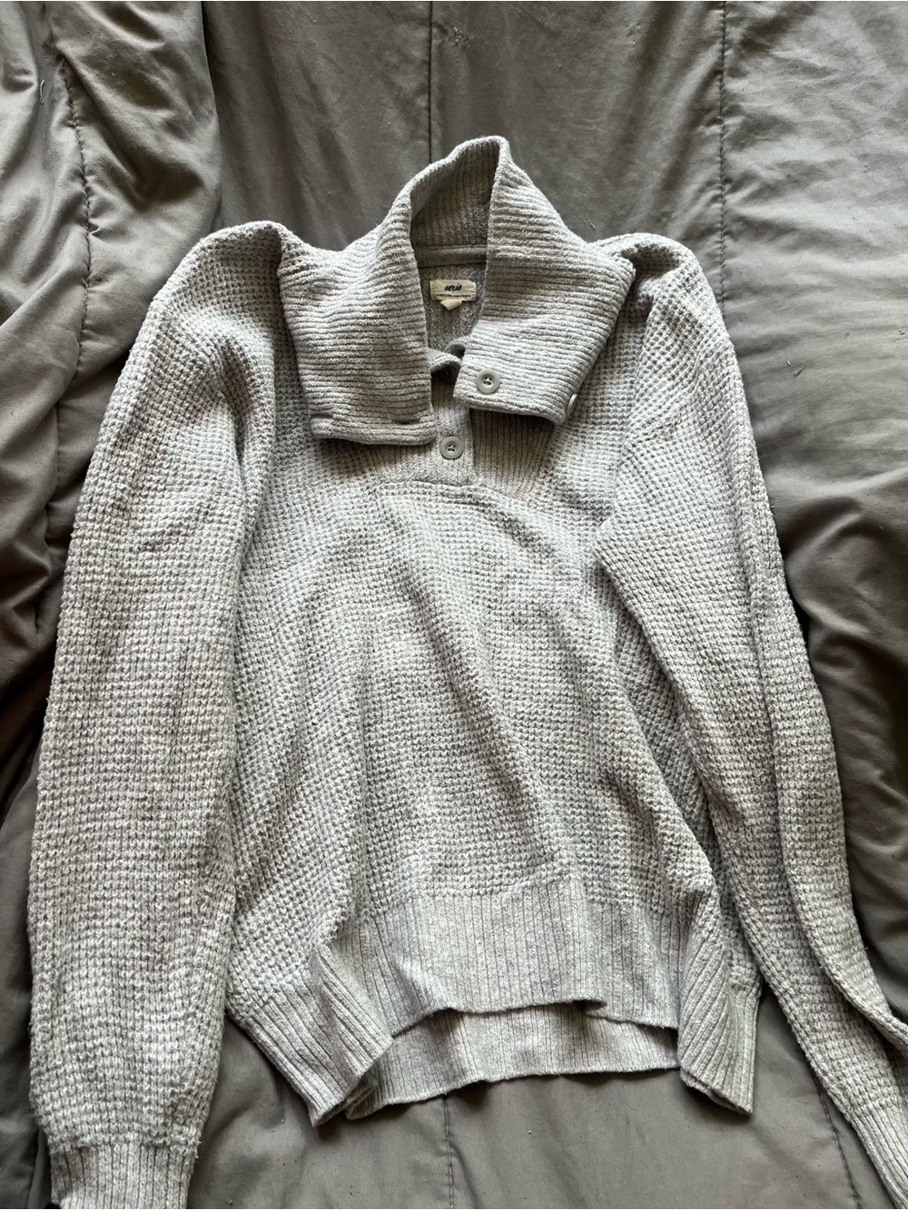 aerie Light Gray Waffle-Knit Button Mock-Collar Sweater